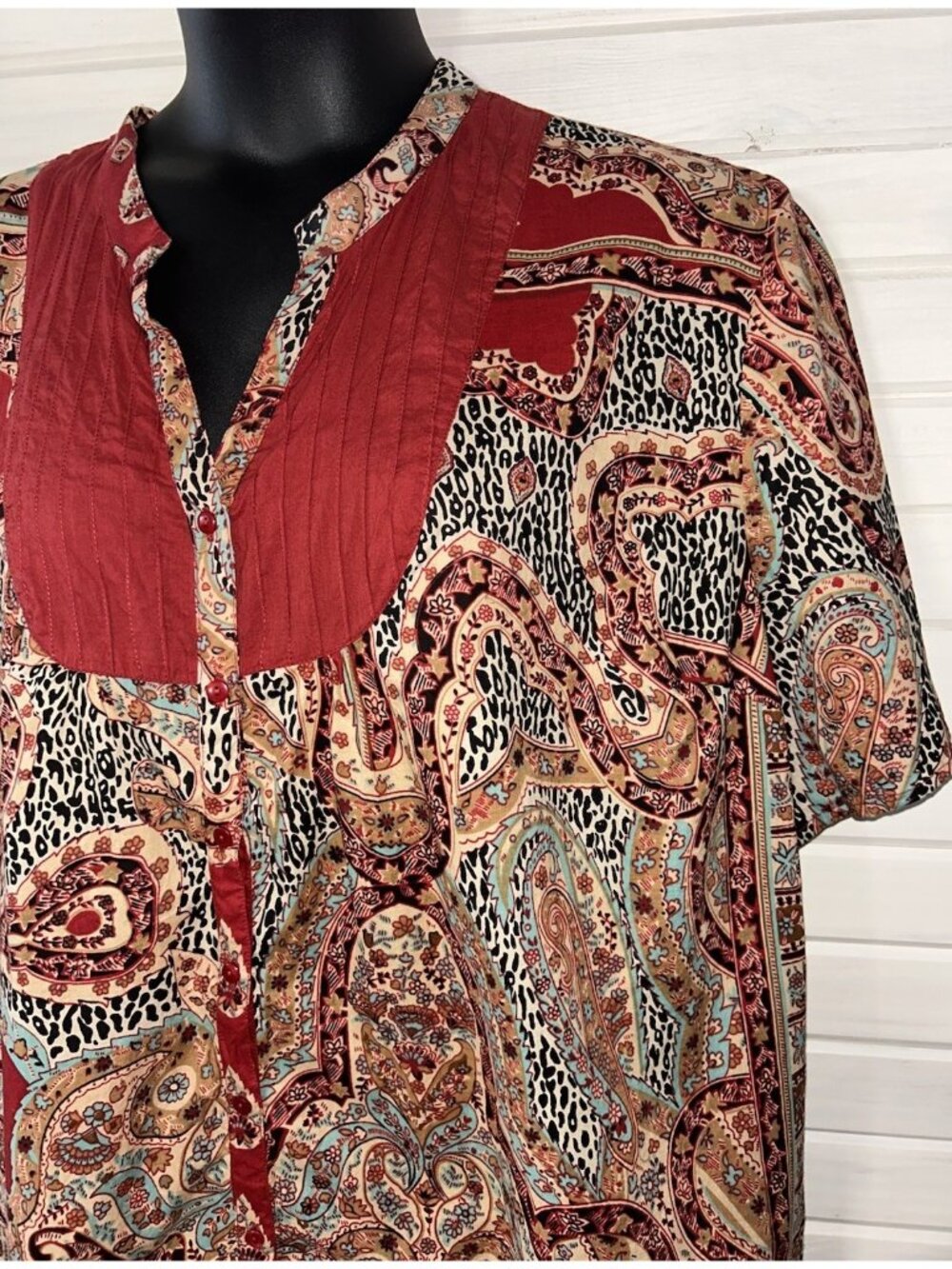 Liz & Me Sz PLUS 2X Red Pintucked S/S Tunic Top 100% Cotton Button Front EUC
